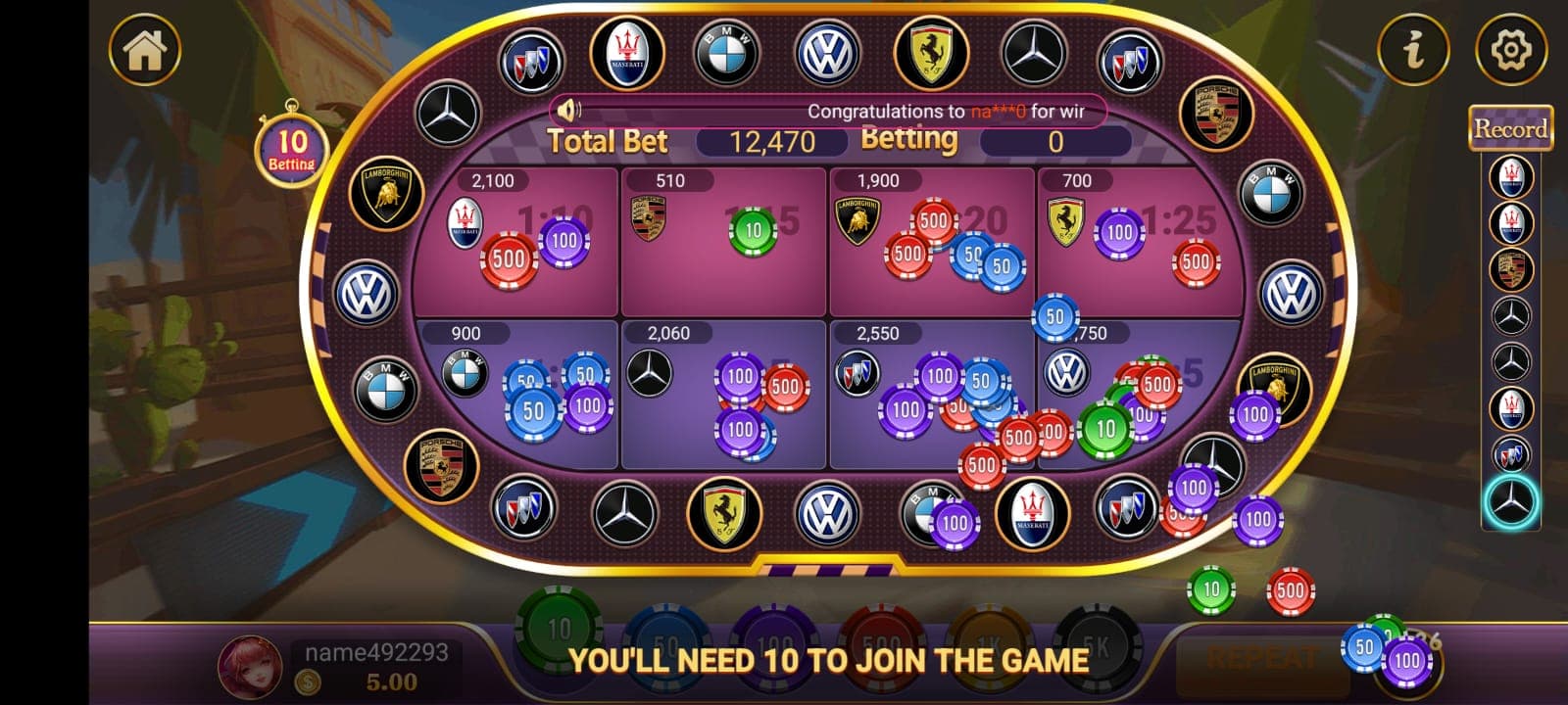 WA777 Game 1 interface and gameplay screen