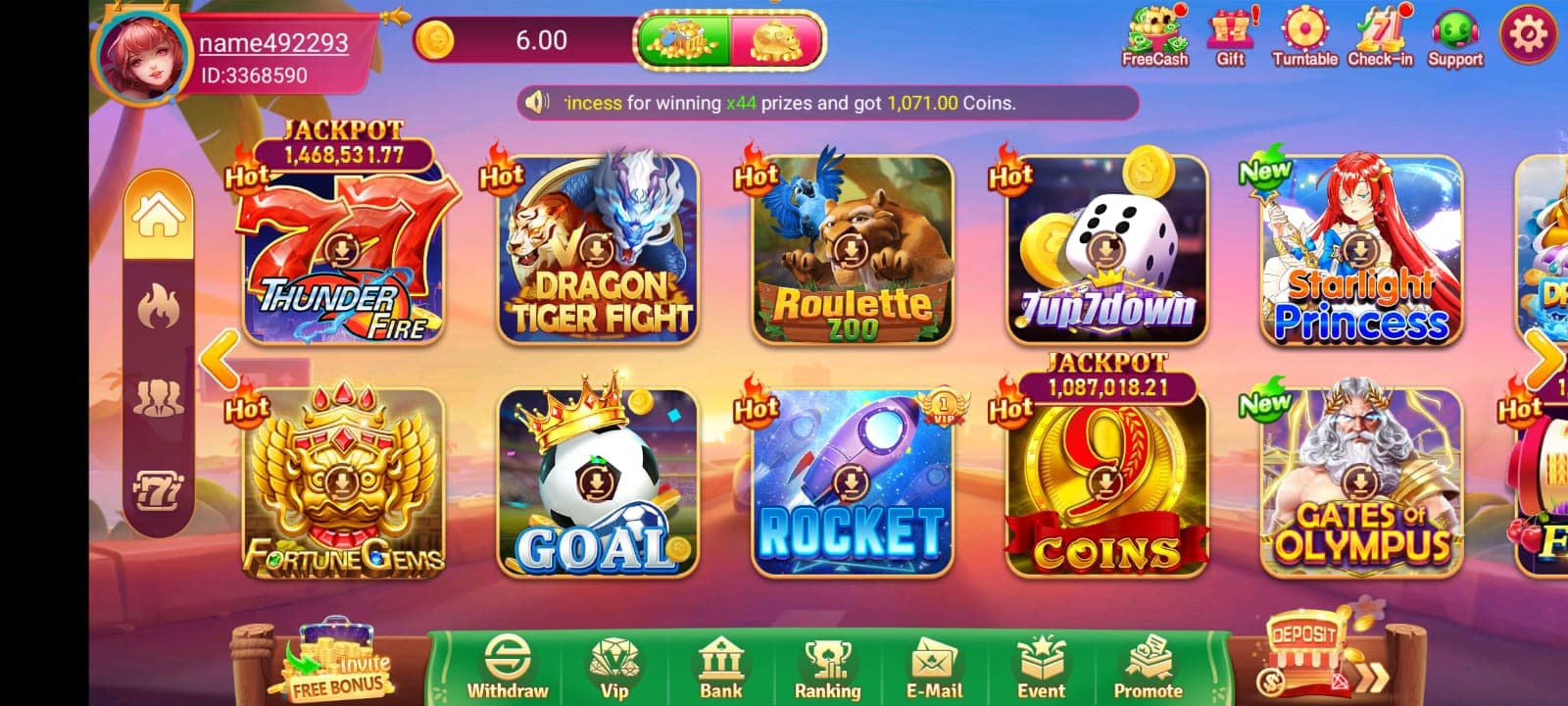 WA777 Game home screen and main navigation interface