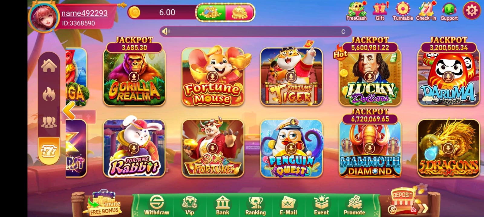 WA777 Game showing available game categories