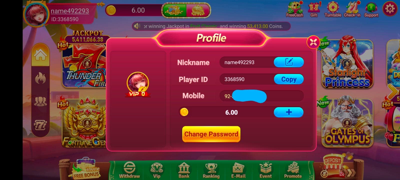 WA777 Game account and profile interface